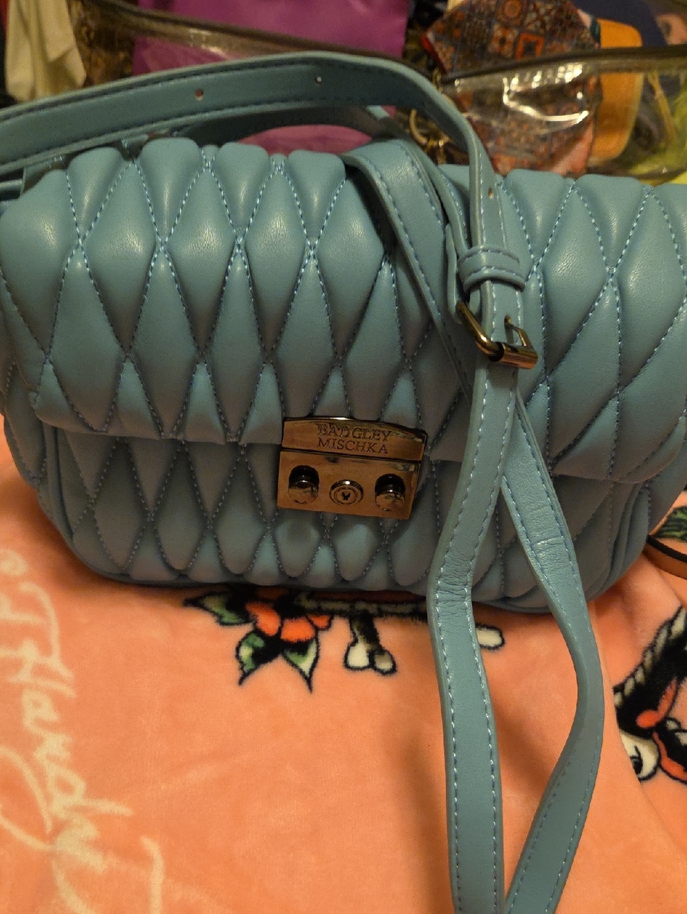 Badgley Mischka Quilted Sky Blue Crossbody with Gold Hardware